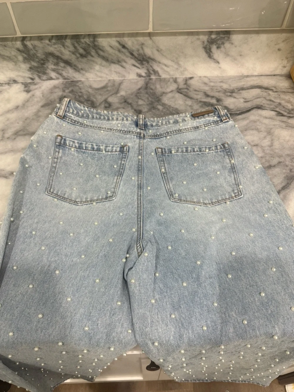 Blank NYC Light Blue Pearl-Studded Wide Leg Jeans